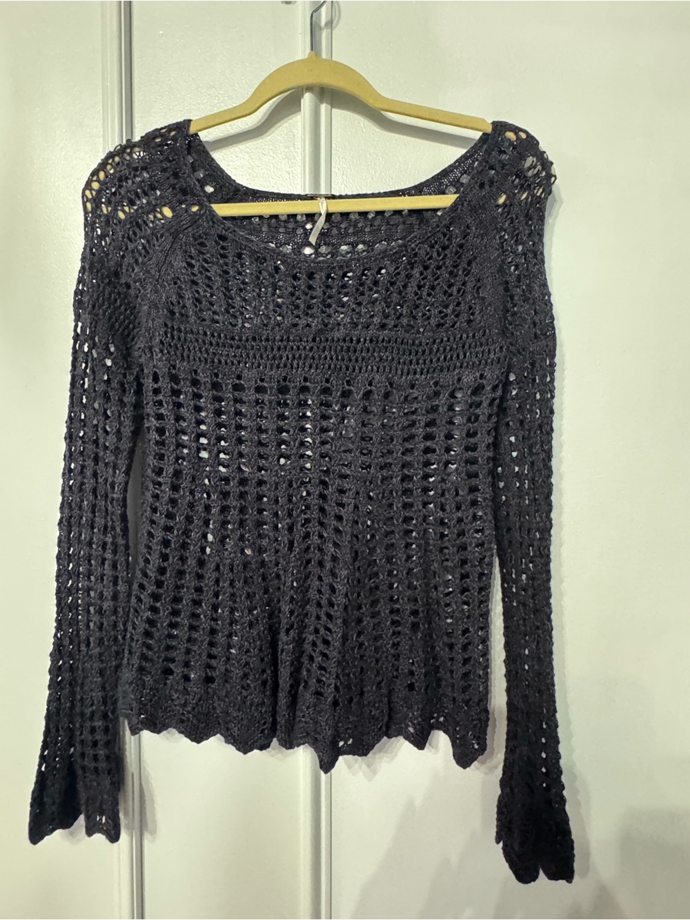 Free People Black Open-Knit Crochet Scoop Neck Sweater
